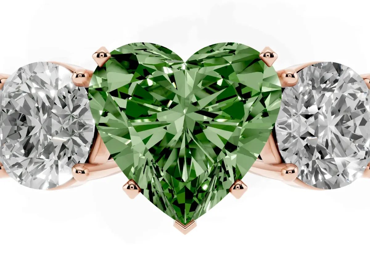Fancy Green Three-Stone Heart Cut Diamond Ring with Round Side Stones, Classic Band, and Four-Prong Setting Rose gold