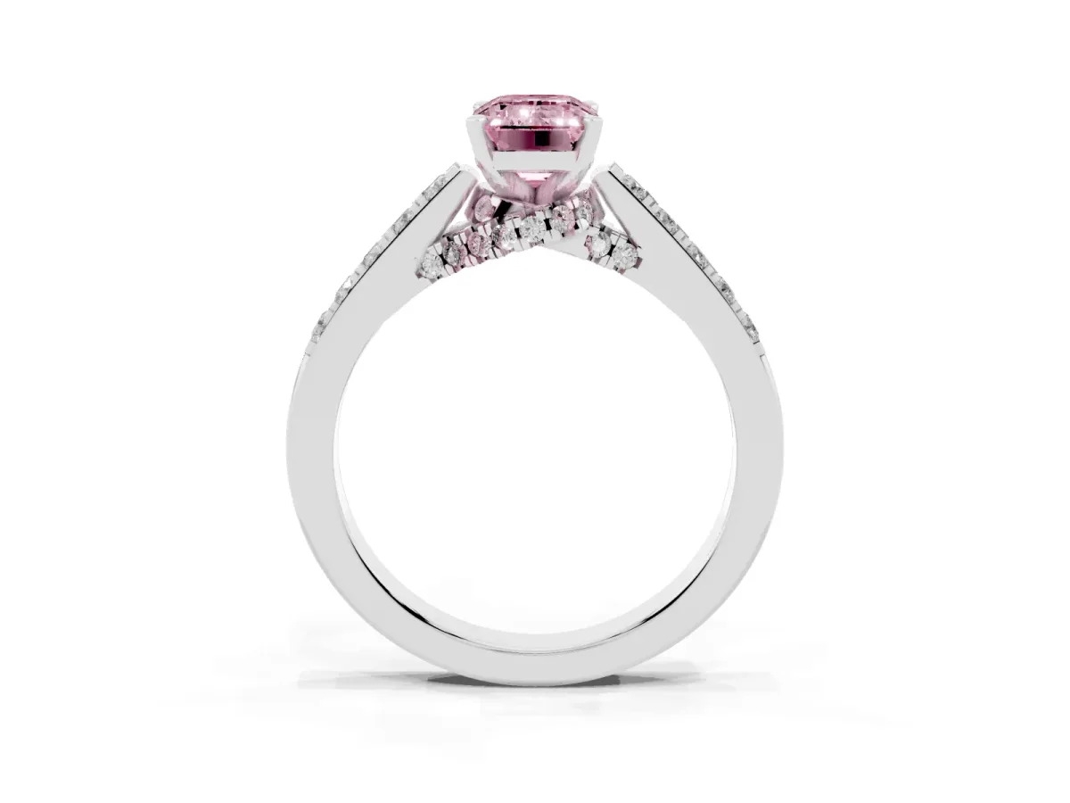 Fancy Pink Emerald Cut Diamond Solitaire Ring with Crossover Gallery and Round Pavé Band Platinum