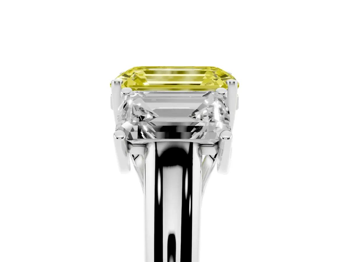 Fancy Yellow Three-Stone Emerald Cut Diamond Engagement Ring with Prong Setting White gold