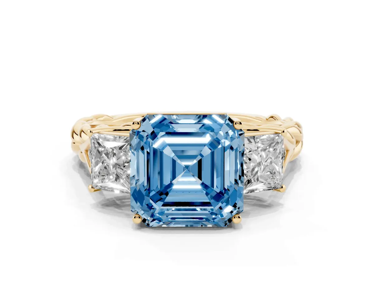 Fancy Blue Three-Stone Asscher Cut Diamond Braided Band Ring with Four-Prong Setting Yellow gold