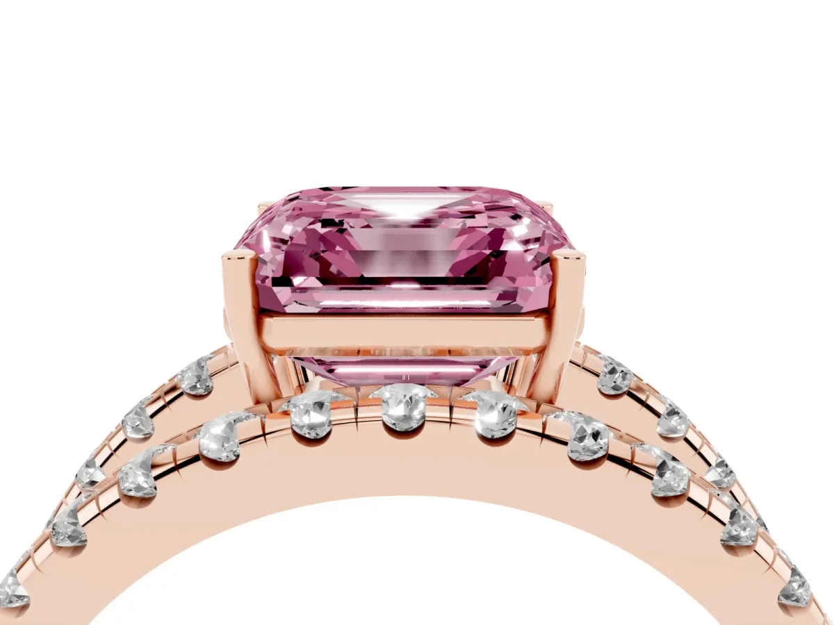 Fancy Pink Asscher Cut Solitaire Split Shank Pave Diamond Ring Rose gold