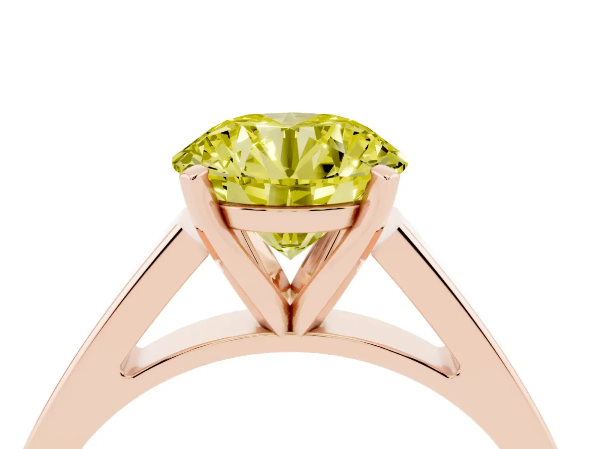 Fancy Yellow Round Cut Solitaire Engagement Ring with Four-Prong Setting and Tapered Band Rose gold