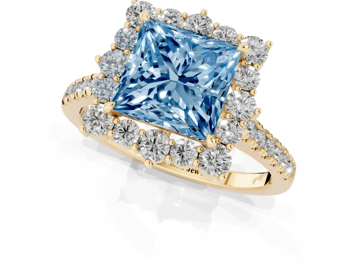 Fancy Blue Princess Cut Halo Diamond Ring with Pavé Band and Prong Setting Yellow gold