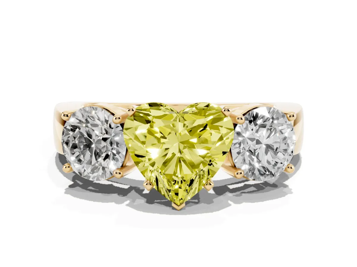 Fancy Yellow Three-Stone Heart Cut Diamond Ring with Round Side Stones, Classic Band, and Four-Prong Setting Yellow gold