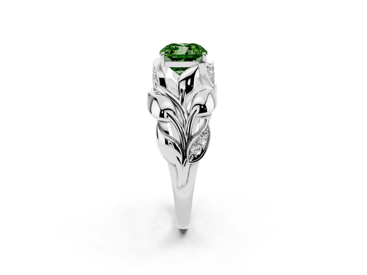 Fancy Green Cushion Cut Diamond Leaf-Inspired Engagement Ring with Round Accents and Prong Setting Platinum