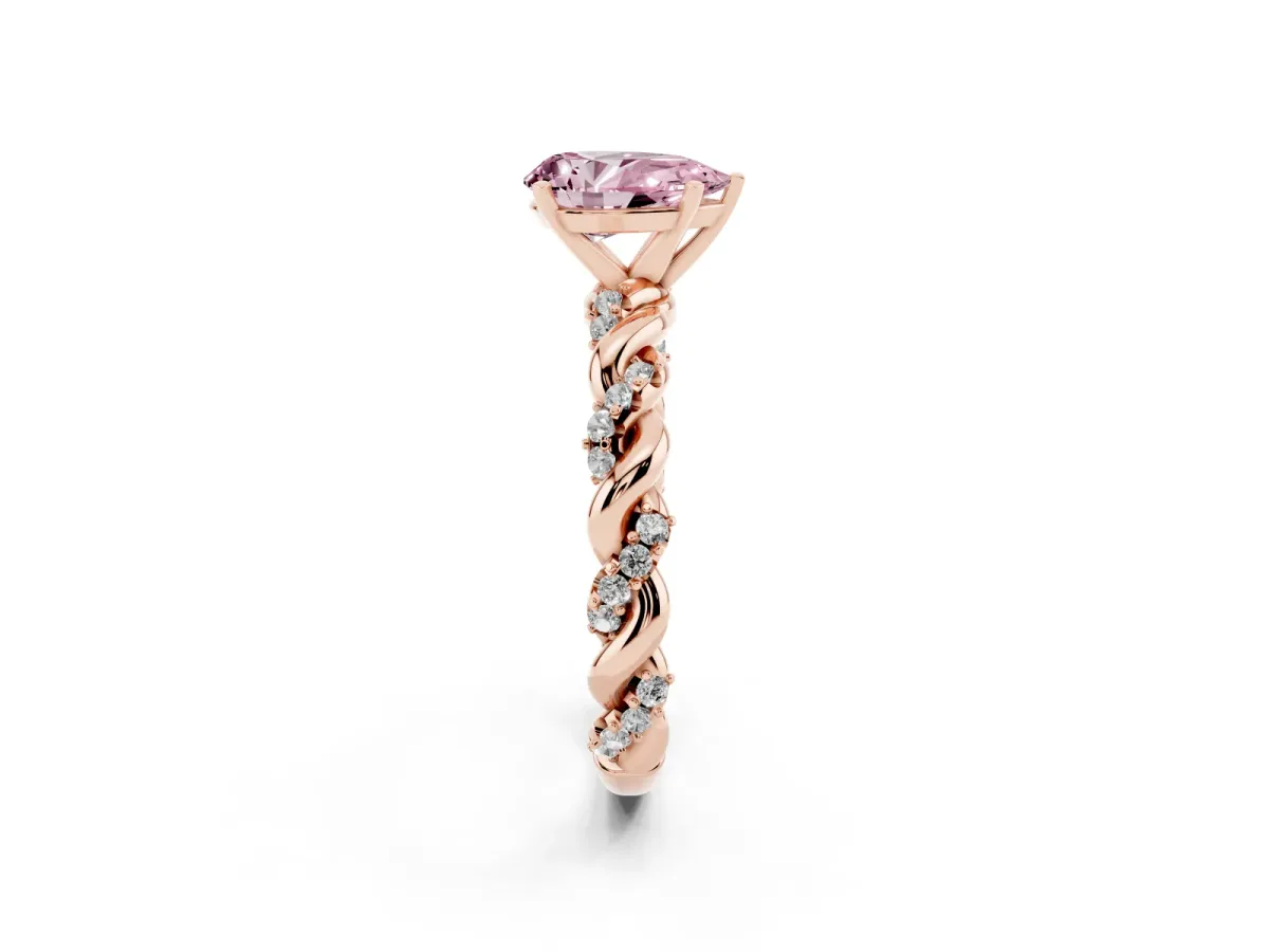 Fancy Pink Pear Cut Diamond Solitaire Ring with Twisted Band and Pavé Accents Rose gold