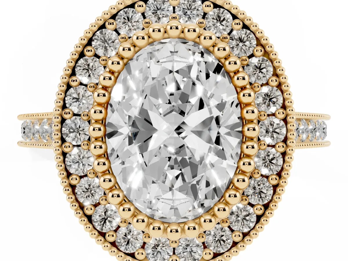 Oval Cut Diamond Halo Ring with Milgrain Frame and Pavé Band Yellow gold