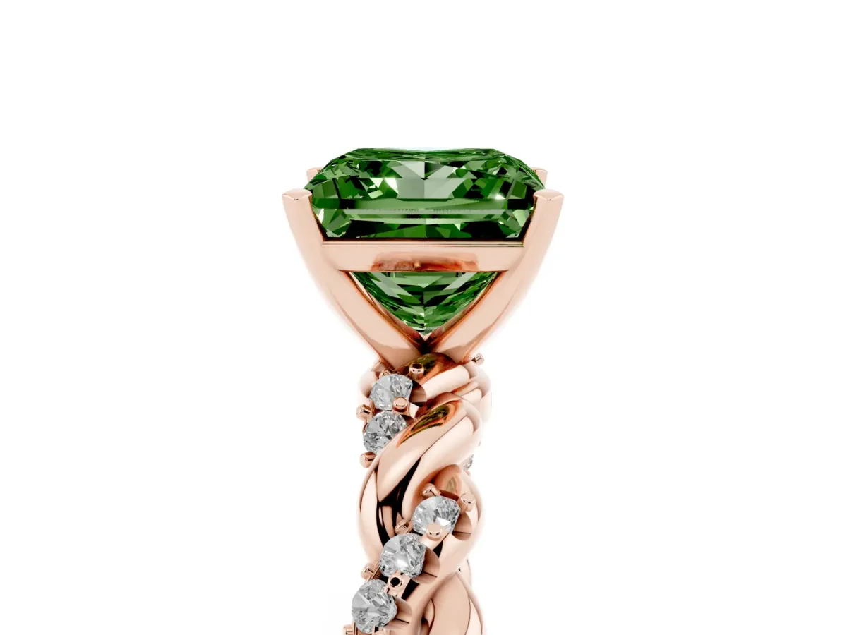 Fancy Green Princess Cut Diamond Solitaire Ring with Twisted Band and Pavé Accents Rose gold