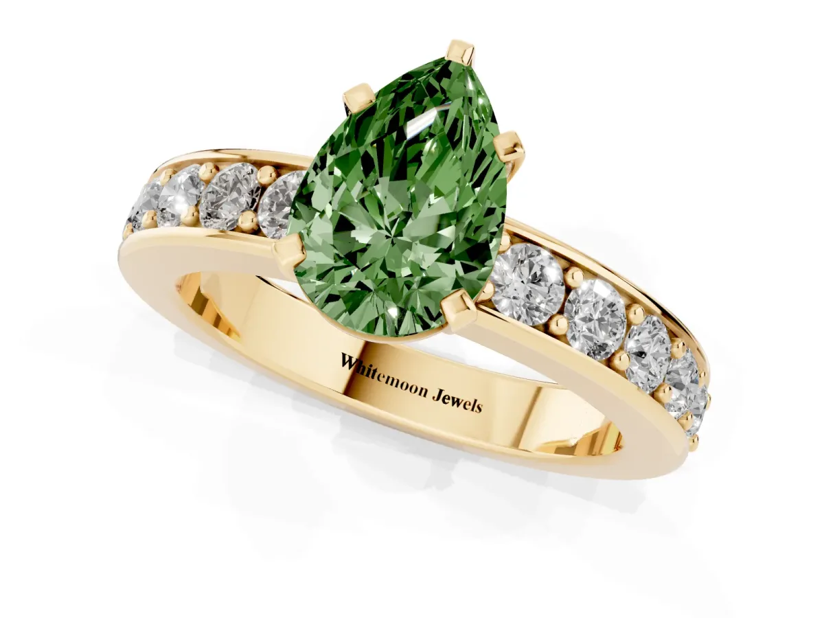 Fancy Green Pear Cut Diamond Engagement Ring with Channel Set Round Band and Prong Setting Yellow gold