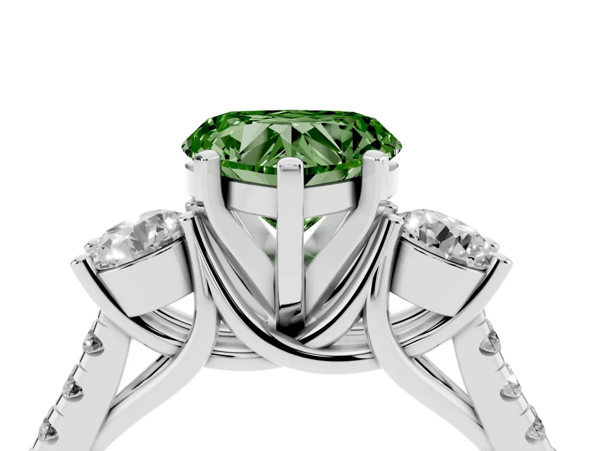 Fancy Green Three-Stone Heart Cut Diamond Pavé Band with Four-Prong Setting Silver