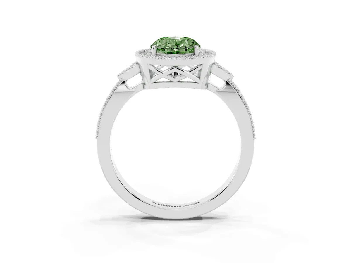 Fancy Green Oval Cut Halo Round Diamond Milgrain Pave Engagement Ring Silver