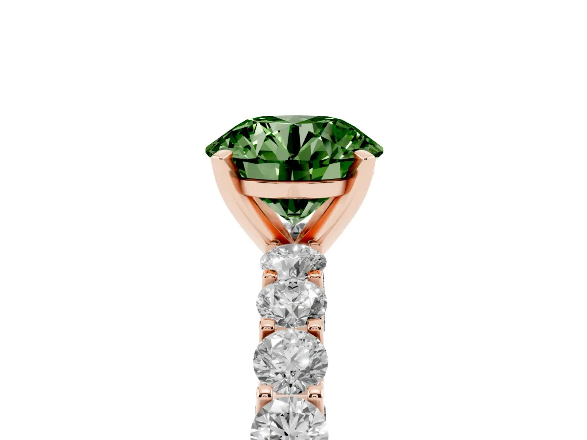 Fancy Green Round Cut Diamond Solitaire Ring with Shared Prong Pavé Band and Four-Prong Setting Rose gold