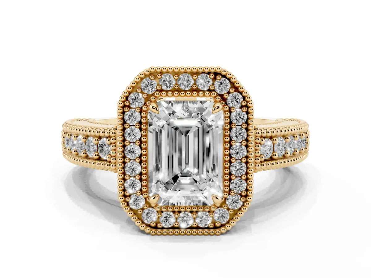 Emerald Cut Cut Halo Diamond Ring with Pavé Band and Four-Prong Setting Yellow gold