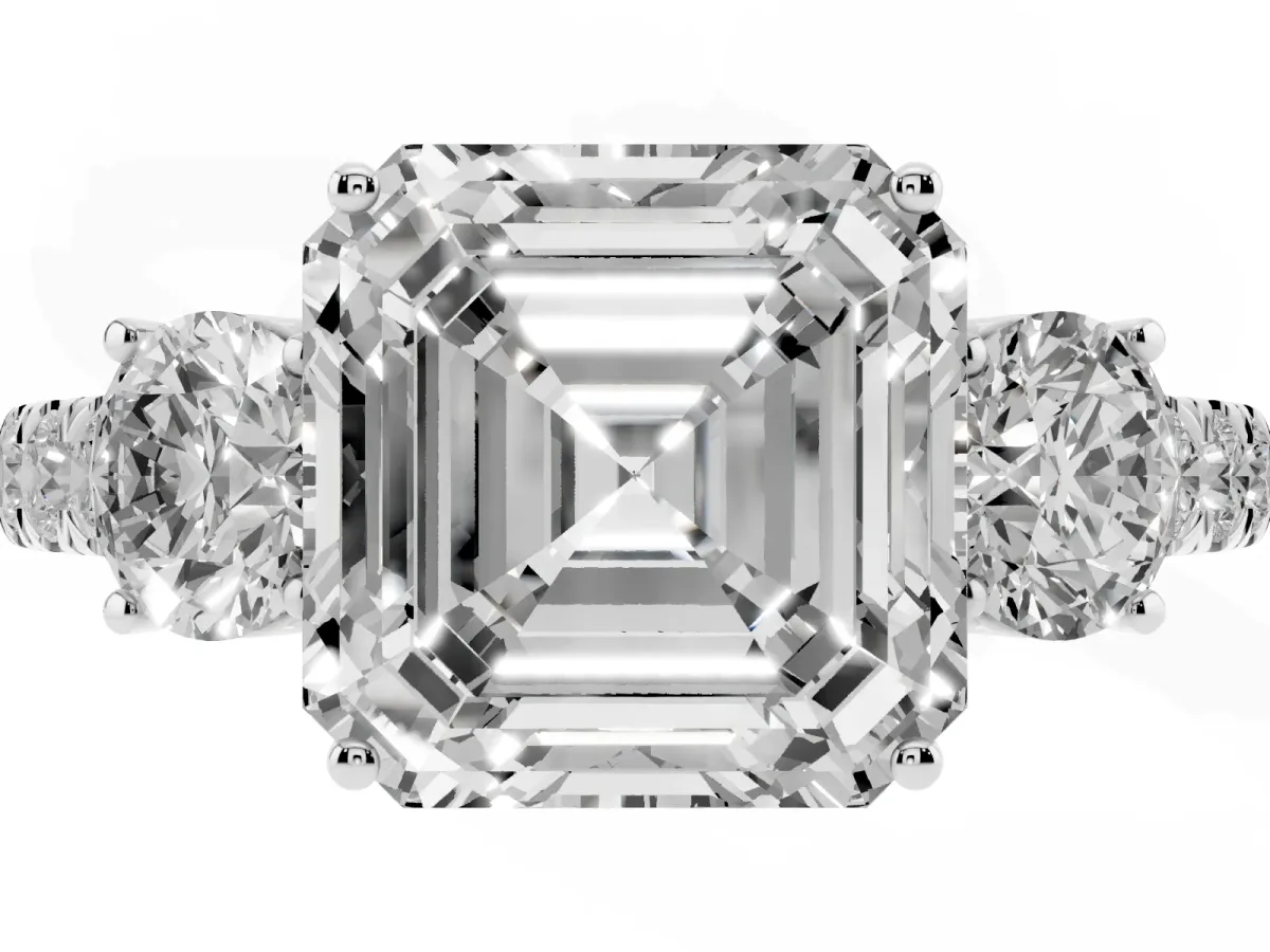 Asscher Cut Cut Diamond Three-Stone Ring with Round Side Stones and Pavé Band White gold