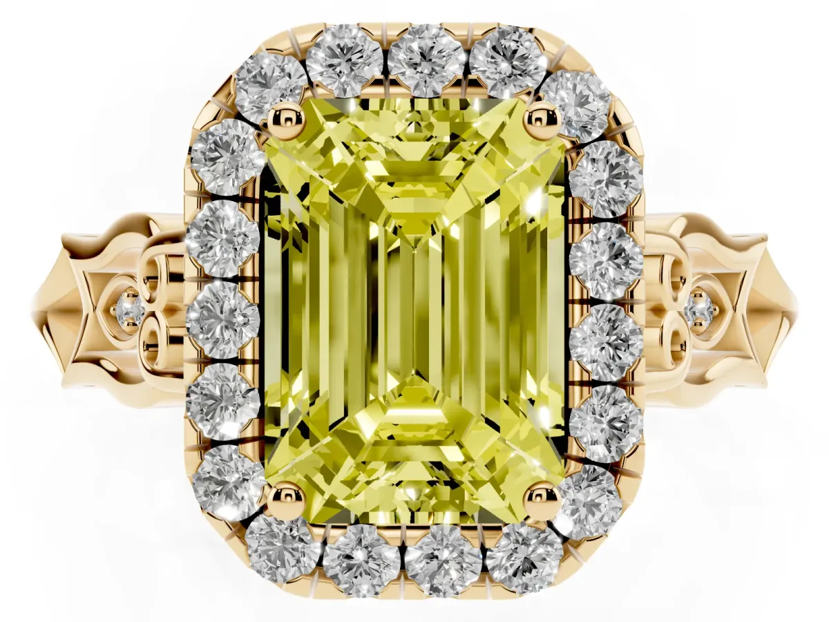 Fancy Yellow Emerald Cut Halo Diamond Engagement Ring with Filigree Band and Four-Prong Setting Yellow gold