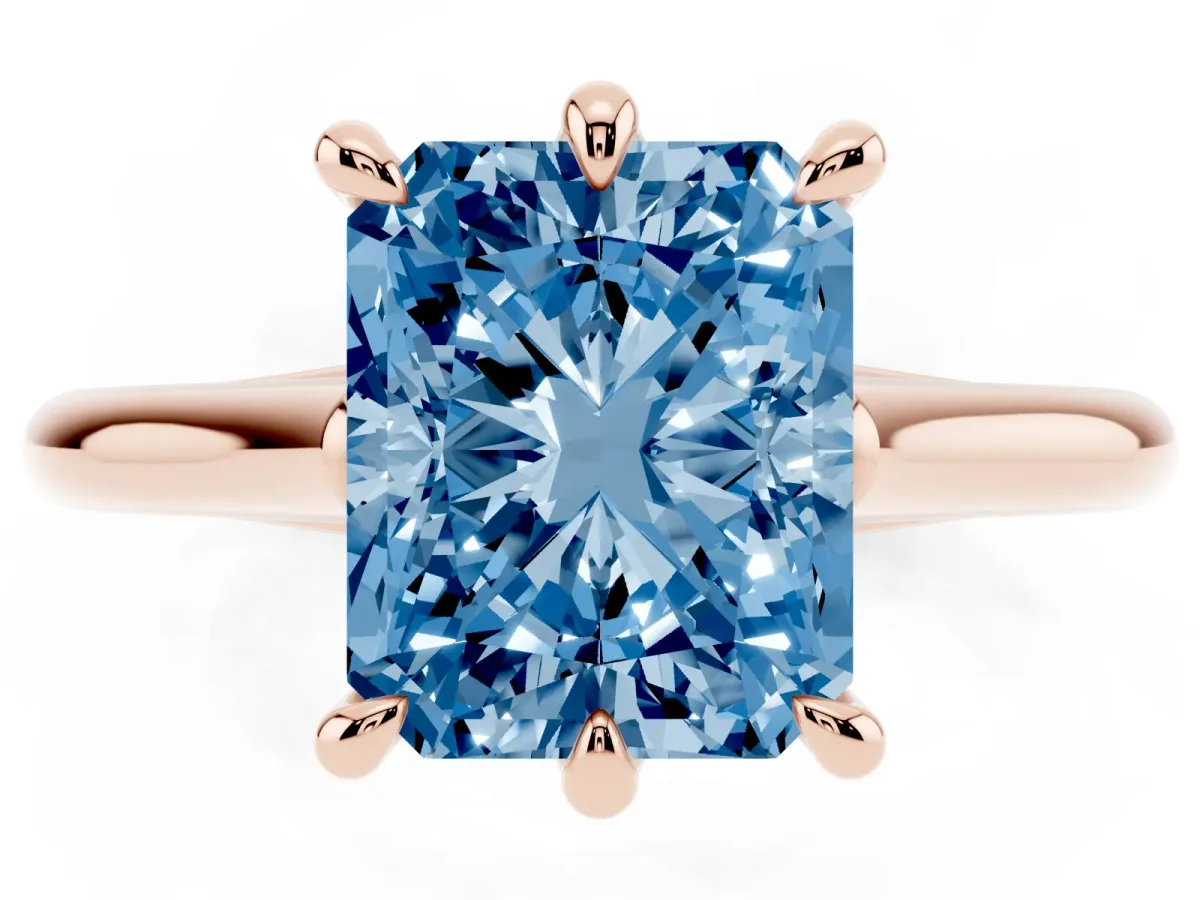 Fancy Blue Radiant Cut Solitaire Engagement Ring with Six-Prong Setting and Classic Band Rose gold