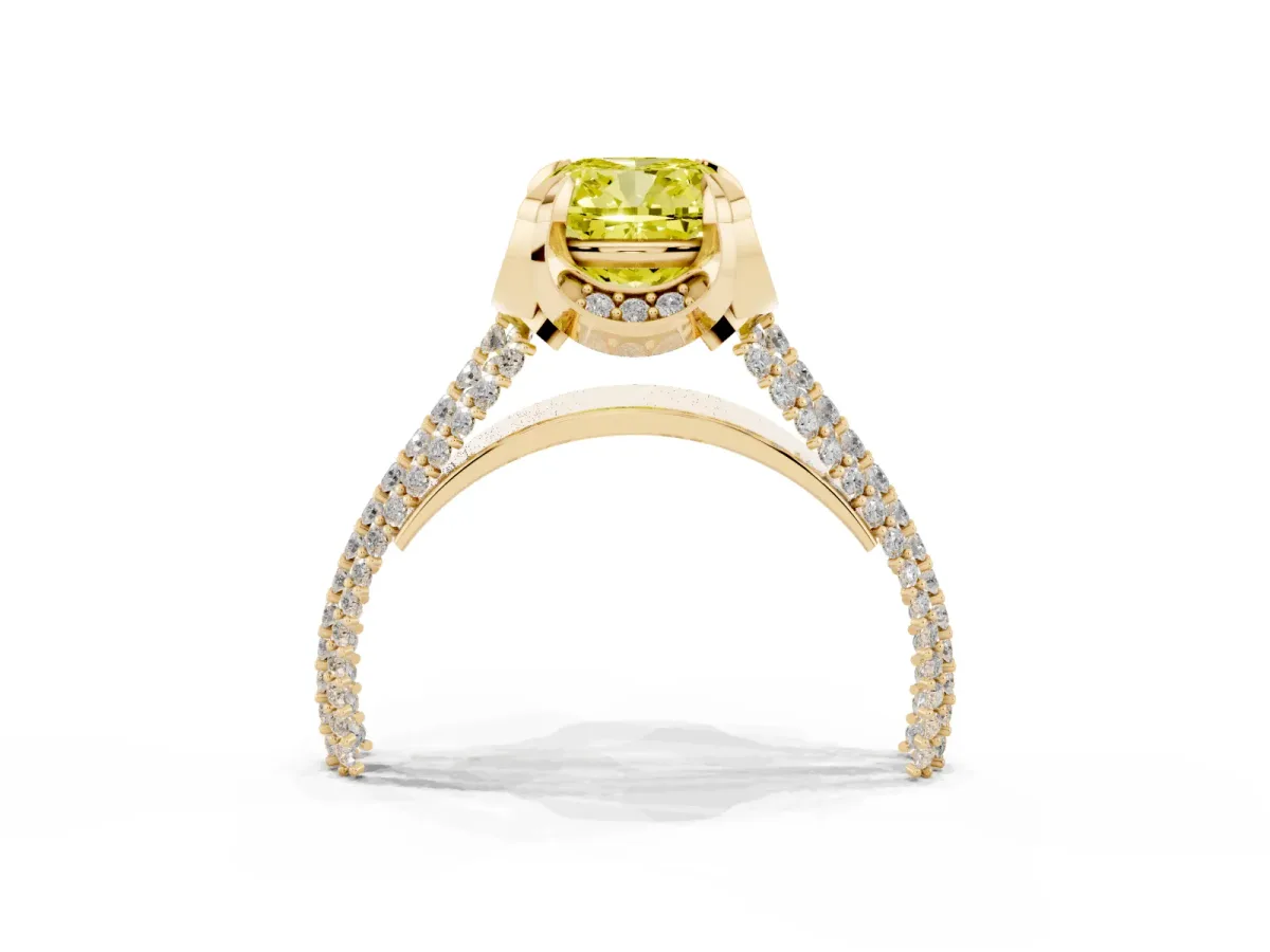 Fancy Yellow Cushion Cut Solitaire Pave Split Shank Ring with Four-Prong Setting Yellow gold