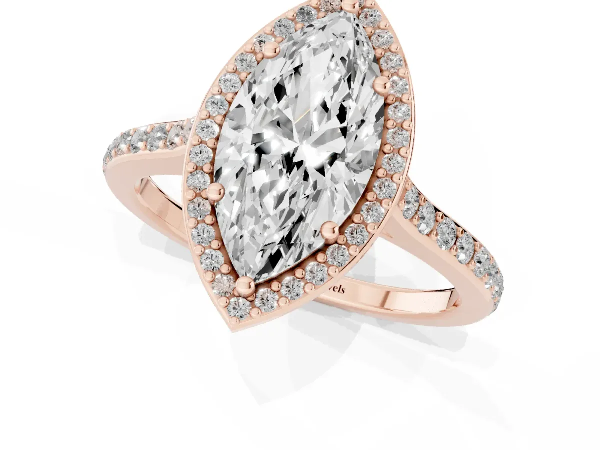 Marquise Cut Diamond Halo Engagement Ring with Round Pavé Shoulders and Prong Setting Rose gold