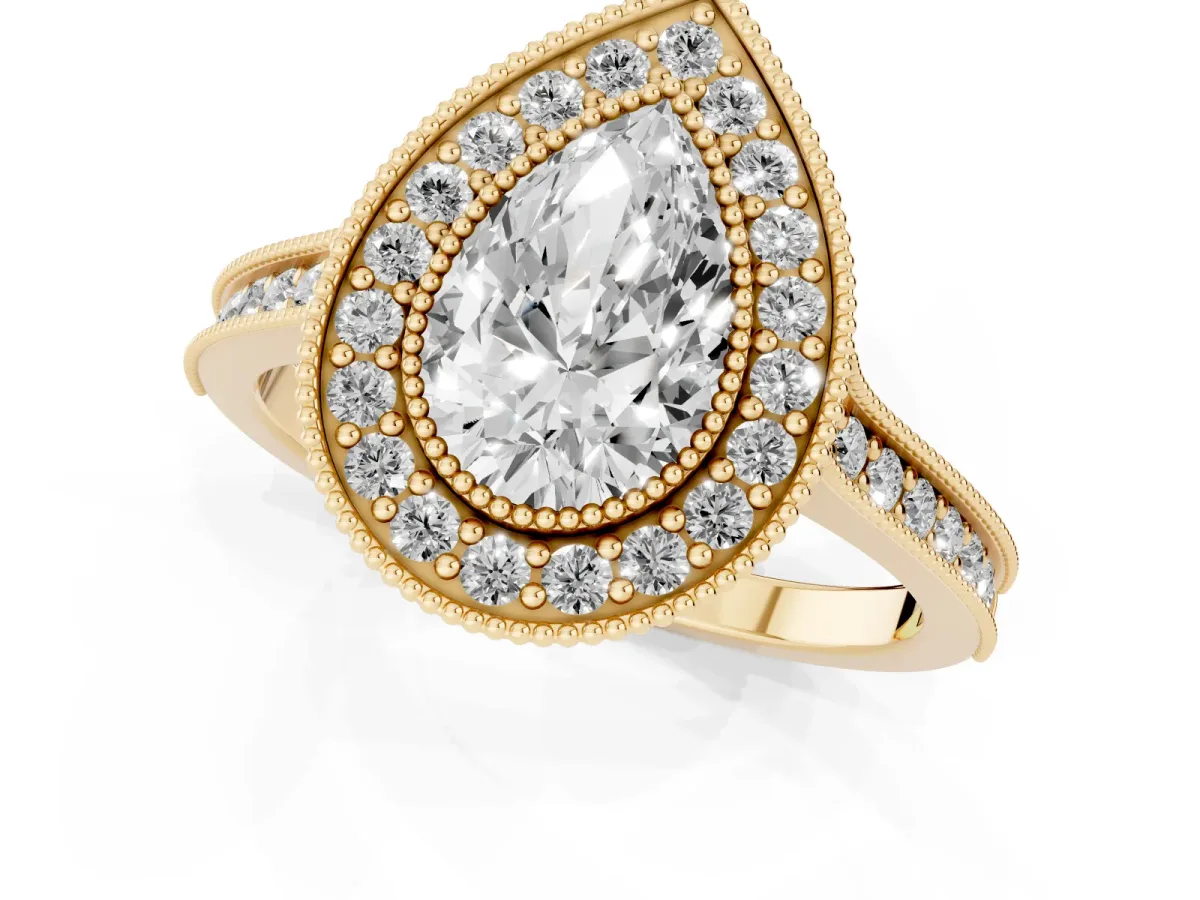 Halo Pear Cut-Cut Diamond Pave Band Milgrain Prong Setting Ring Yellow gold