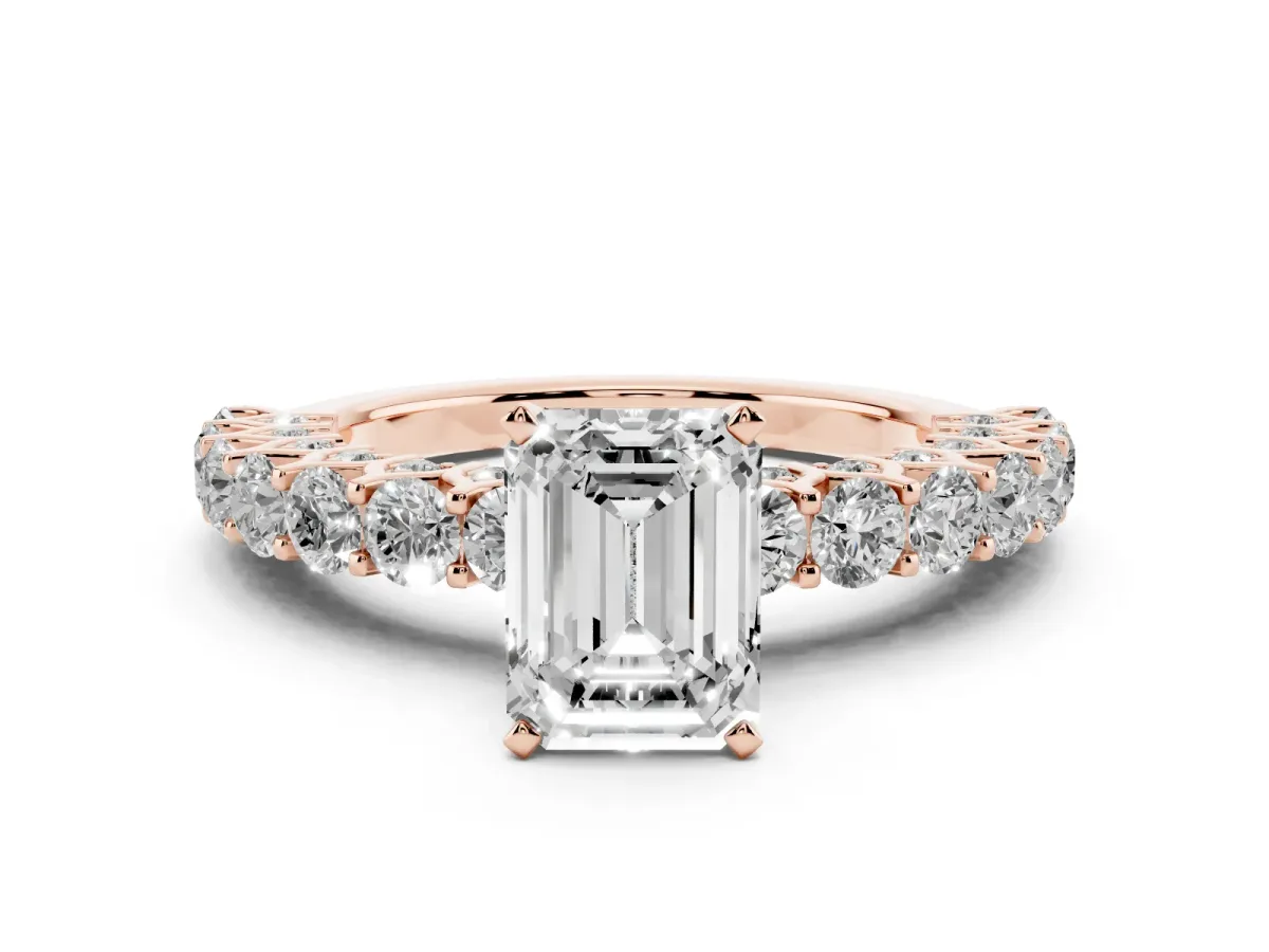 Emerald Cut Diamond Solitaire Ring with Shared Prong Pavé Band and Four-Prong Setting Rose gold