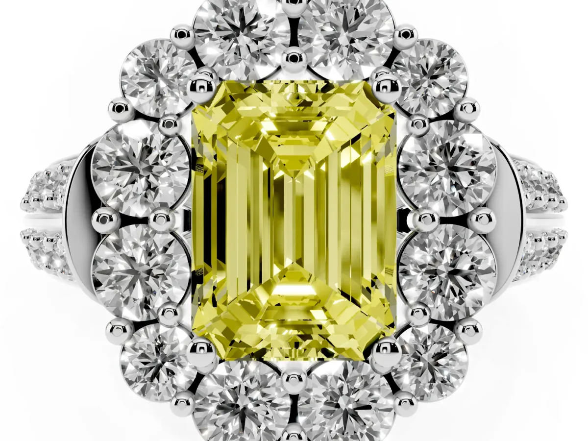 Fancy Yellow Emerald Cut Halo Diamond Engagement Ring with Split Shank and Prong Setting Platinum