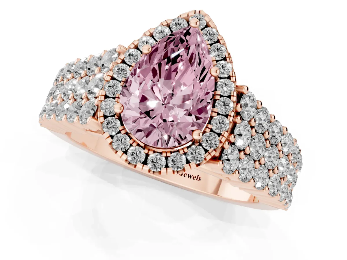 Fancy Pink Pear Cut Diamond Halo Engagement Ring with Triple Row Round Pavé Band and Prong Setting Rose gold