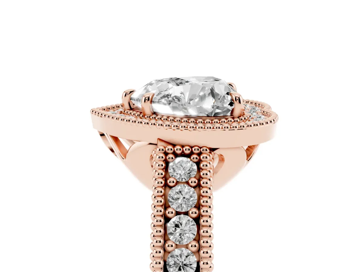 Heart Cut Cut Halo Diamond Ring with Pavé Band and Four-Prong Setting Rose gold
