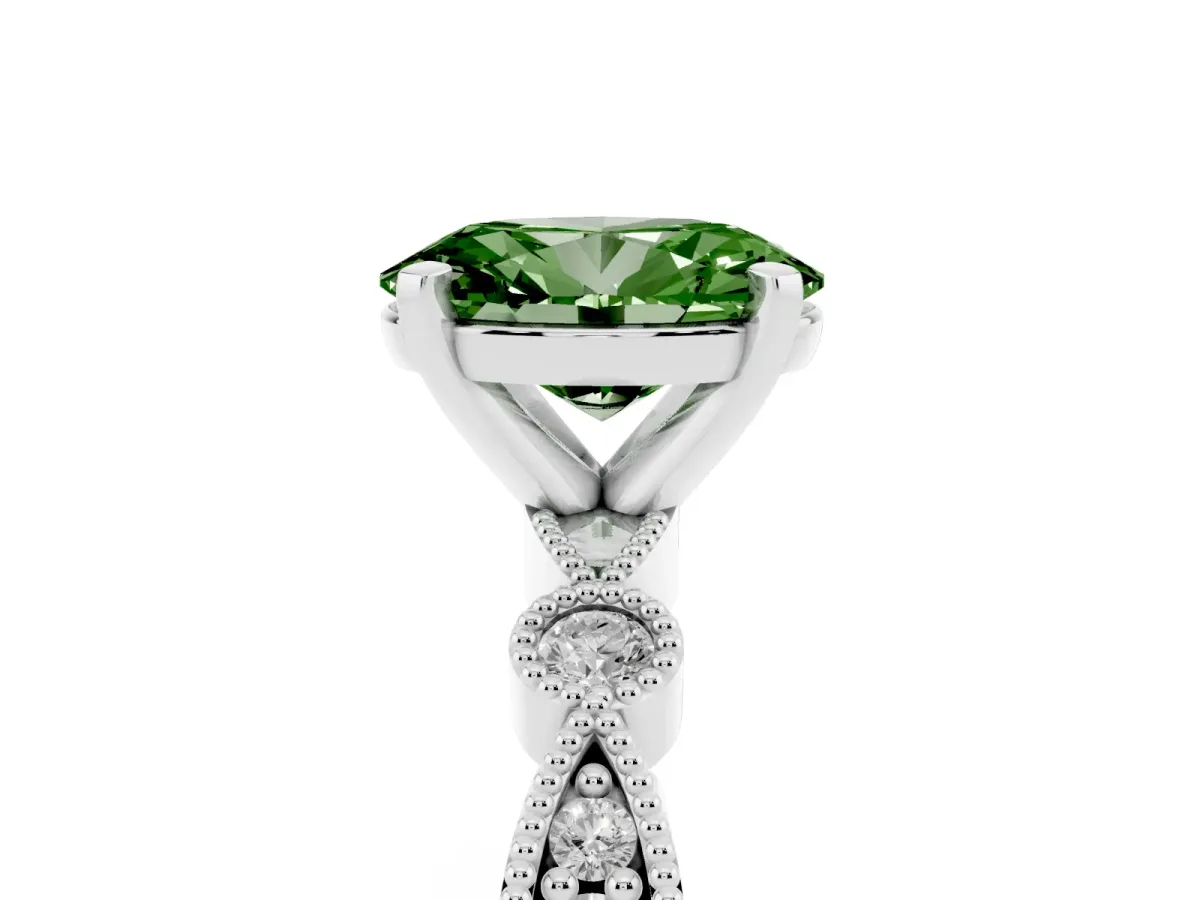 Fancy Green Oval Cut Milgrain Bezel Diamond Engagement Ring with Solitaire Prong Setting Platinum