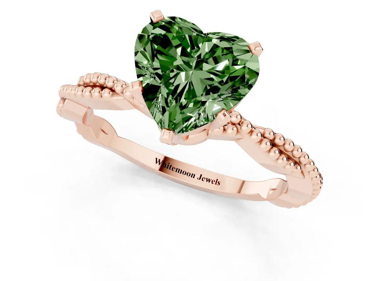 Fancy Green Heart Cut Solitaire Twisted Band with Bead Prong Setting Rose gold