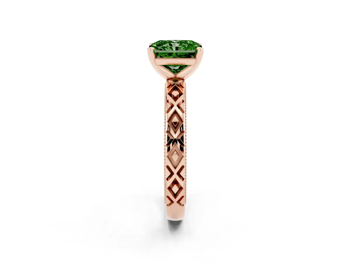 Fancy Green Radiant Cut Solitaire Diamond Ring with Milgrain and Black Enamel X Pattern Band Rose gold