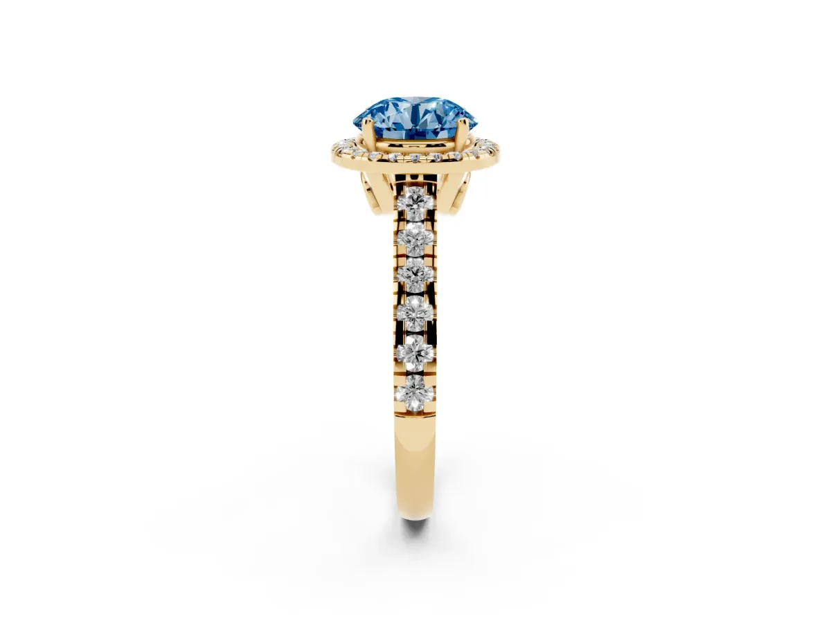 Fancy Blue Round Cut Halo Pavé Diamond Engagement Ring with Four-Prong Setting Yellow gold