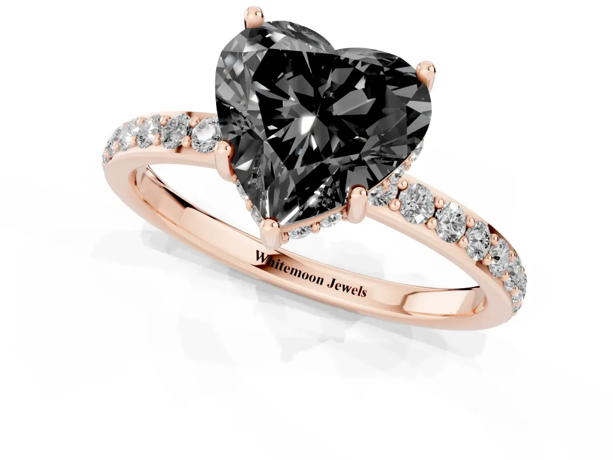 Fancy Black Heart Cut Diamond Solitaire Ring with Pavé Band and Hidden Halo Rose gold