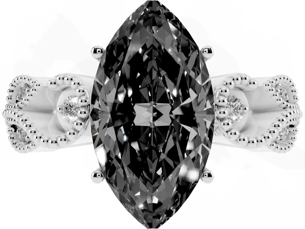 Fancy Black Marquise Cut Solitaire Milgrain Leaf Band with Prong Setting Platinum