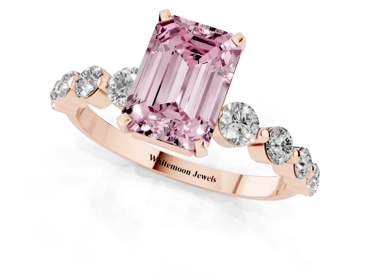 Fancy Pink Emerald Cut Solitaire Diamond Ring with Pave Band and Four-Prong Setting Rose gold