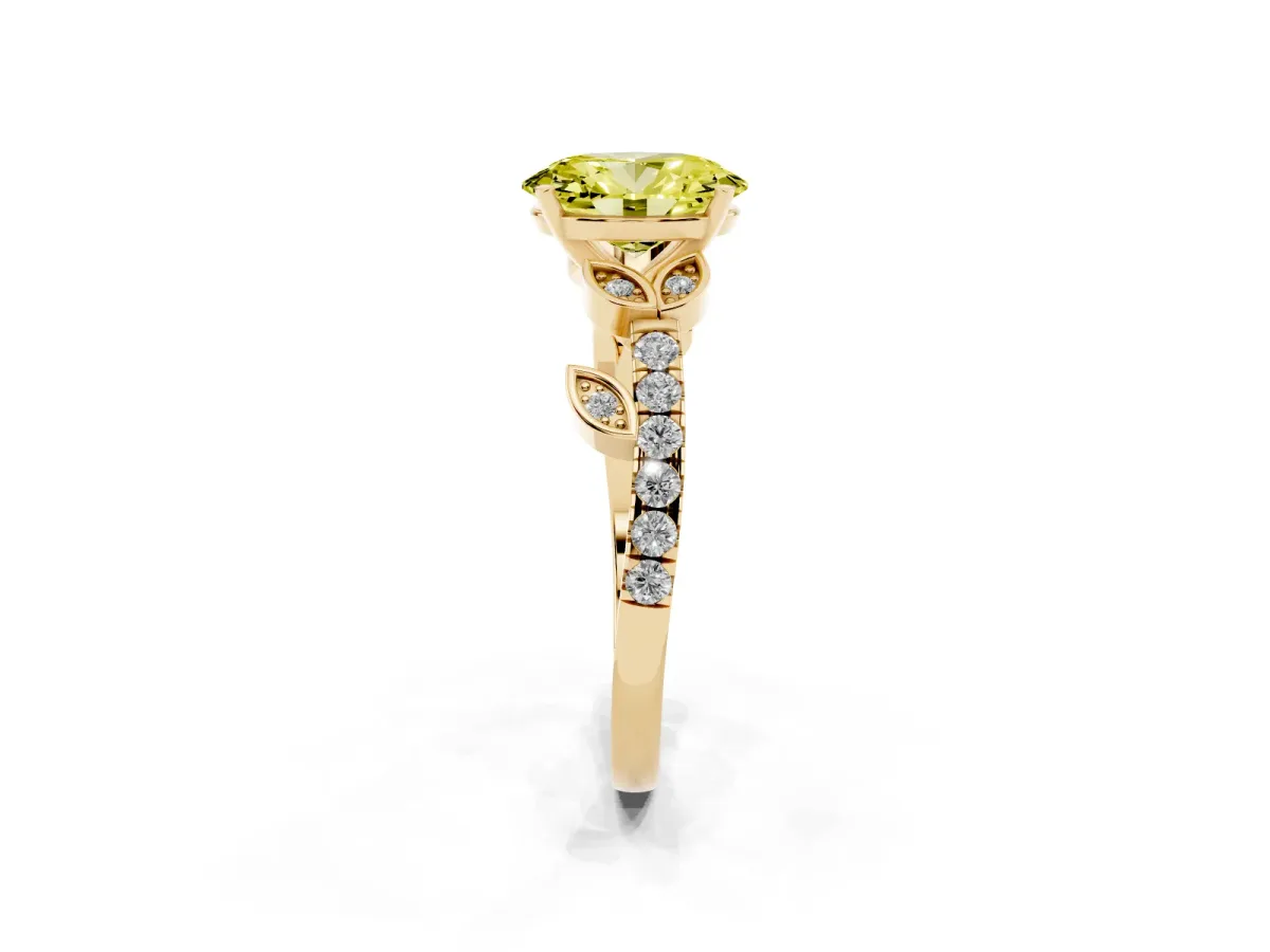 Fancy Yellow Oval Cut Solitaire Leaf-Inspired Diamond Ring with Pavé Band and Four-Prong Setting Yellow gold