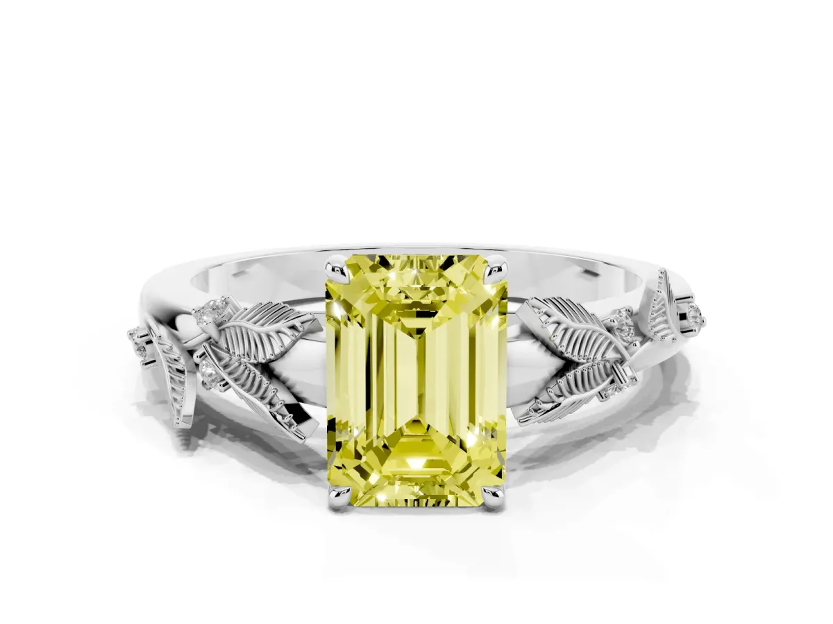 Fancy Yellow Emerald Cut Diamond Solitaire Ring with Leaf Motif Band and Four-Prong Setting Silver