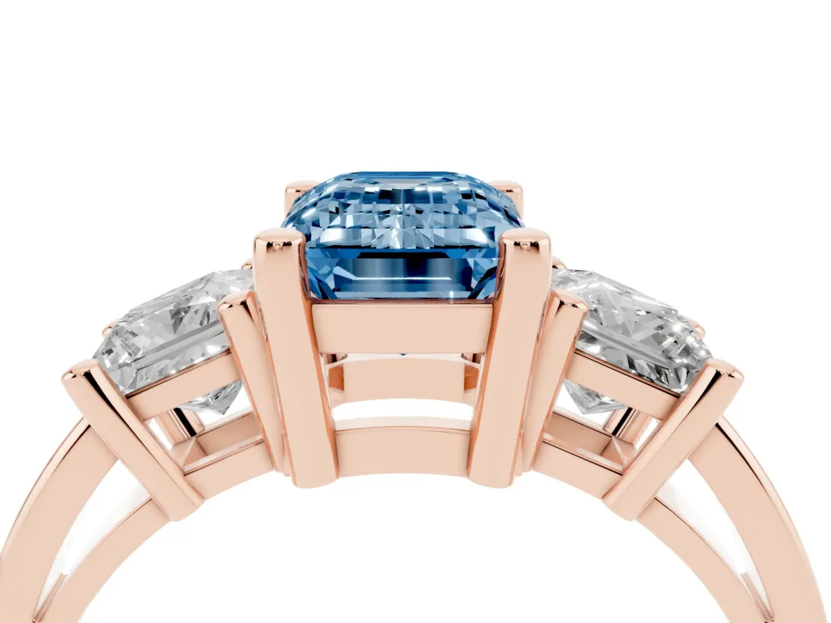 Fancy Blue Three-Stone Emerald Cut Cut Solitaire Ring with Prong Setting Rose gold