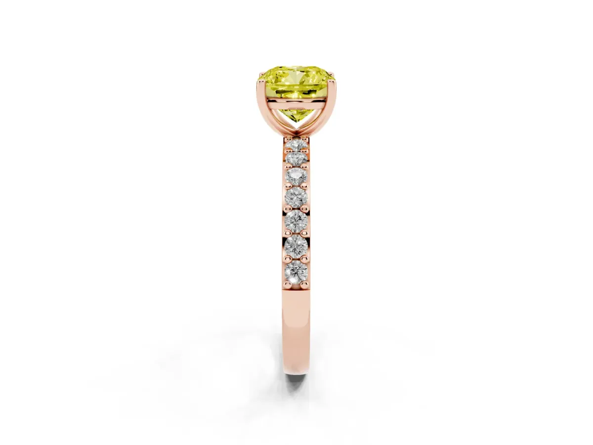 Fancy Yellow Cushion Cut Cut Diamond Solitaire with Pave Band and Four-Prong Setting Rose gold