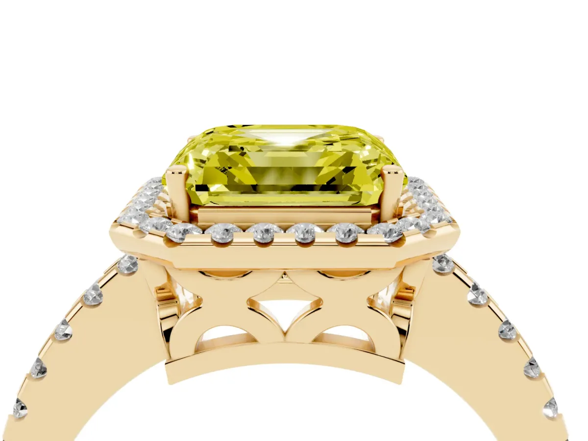 Fancy Yellow Asscher Cut Diamond Halo Engagement Ring with Pavé Band and Prong Setting Yellow gold