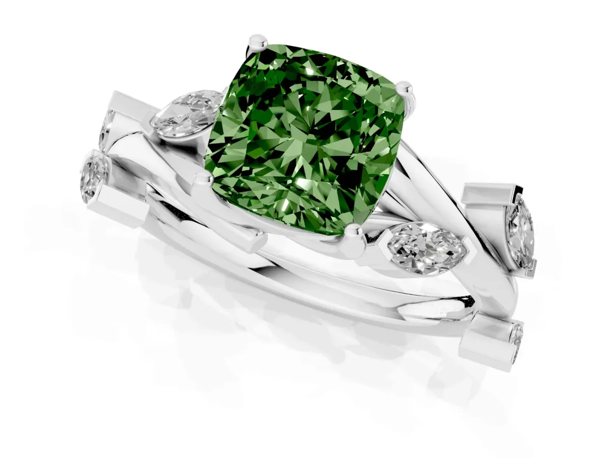 Fancy Green Cushion Cut Solitaire Twisted Band Marquise Accent Prong Setting Ring Silver