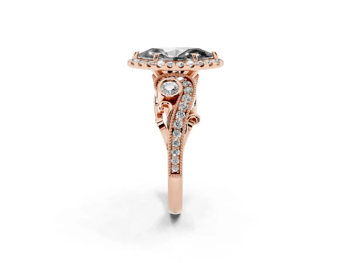 Fancy Black Marquise Cut Halo Diamond Ring with Milgrain and Bezel Accents on a Split Shank Band Rose gold