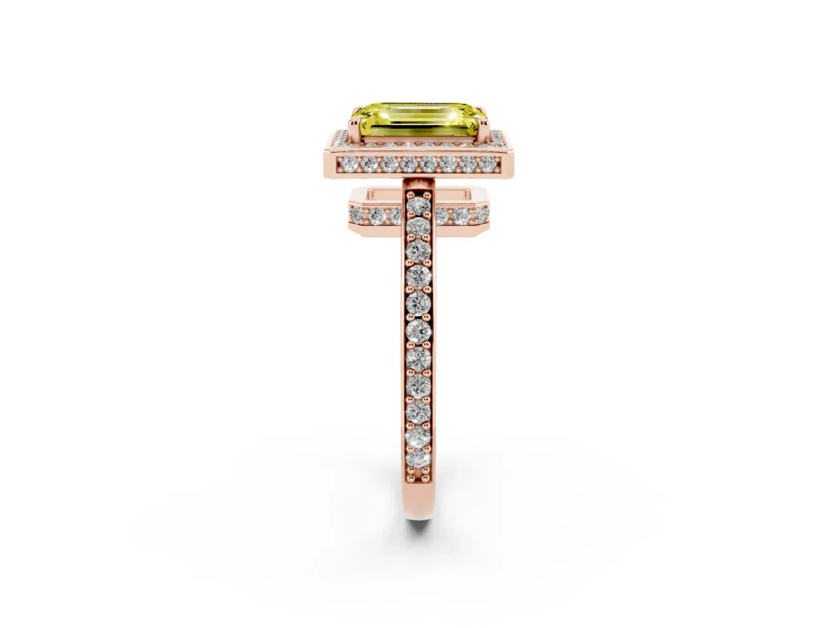 Fancy Yellow Emerald Cut Halo Pave Band Solitaire Ring with Prong Setting Rose gold