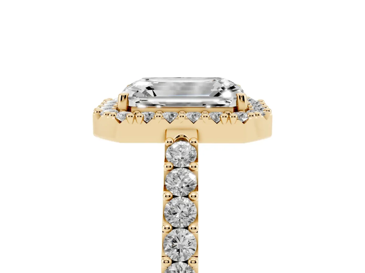 Emerald Cut Halo Diamond Pavé Solitaire Ring Yellow gold