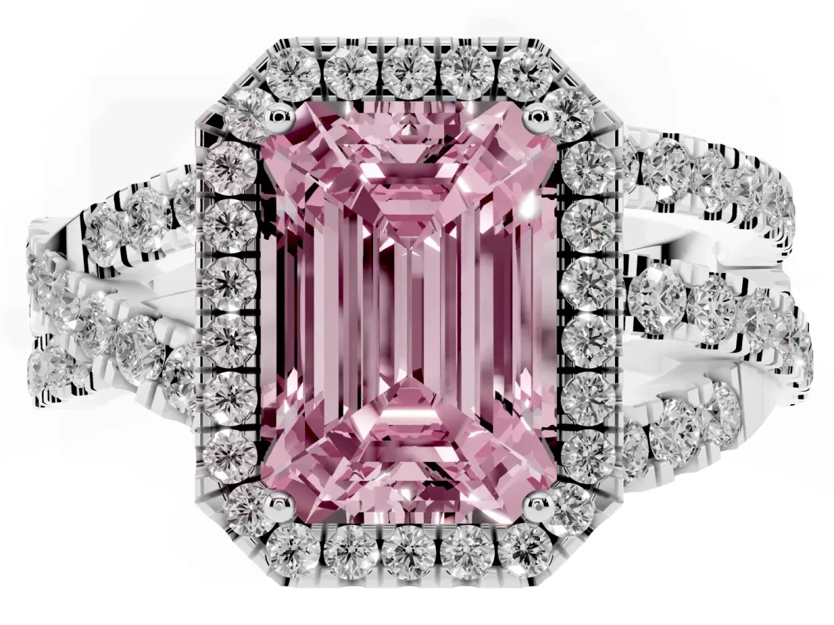 Fancy Pink Emerald Cut Diamond Halo Ring with Round Split Shank and Prong Setting Platinum