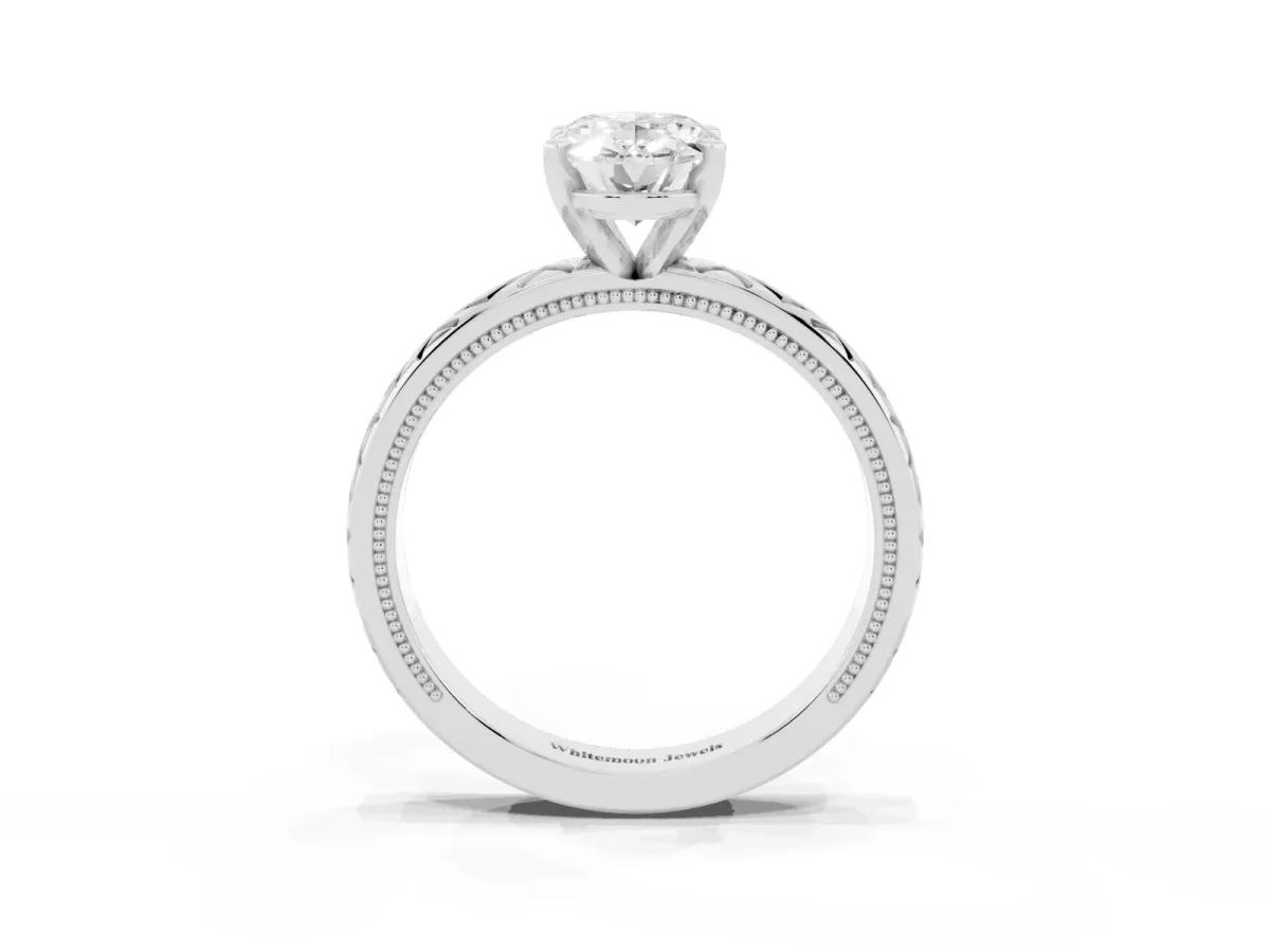 Oval Cut Solitaire Diamond Ring with Milgrain and Black Enamel X Pattern Band Silver