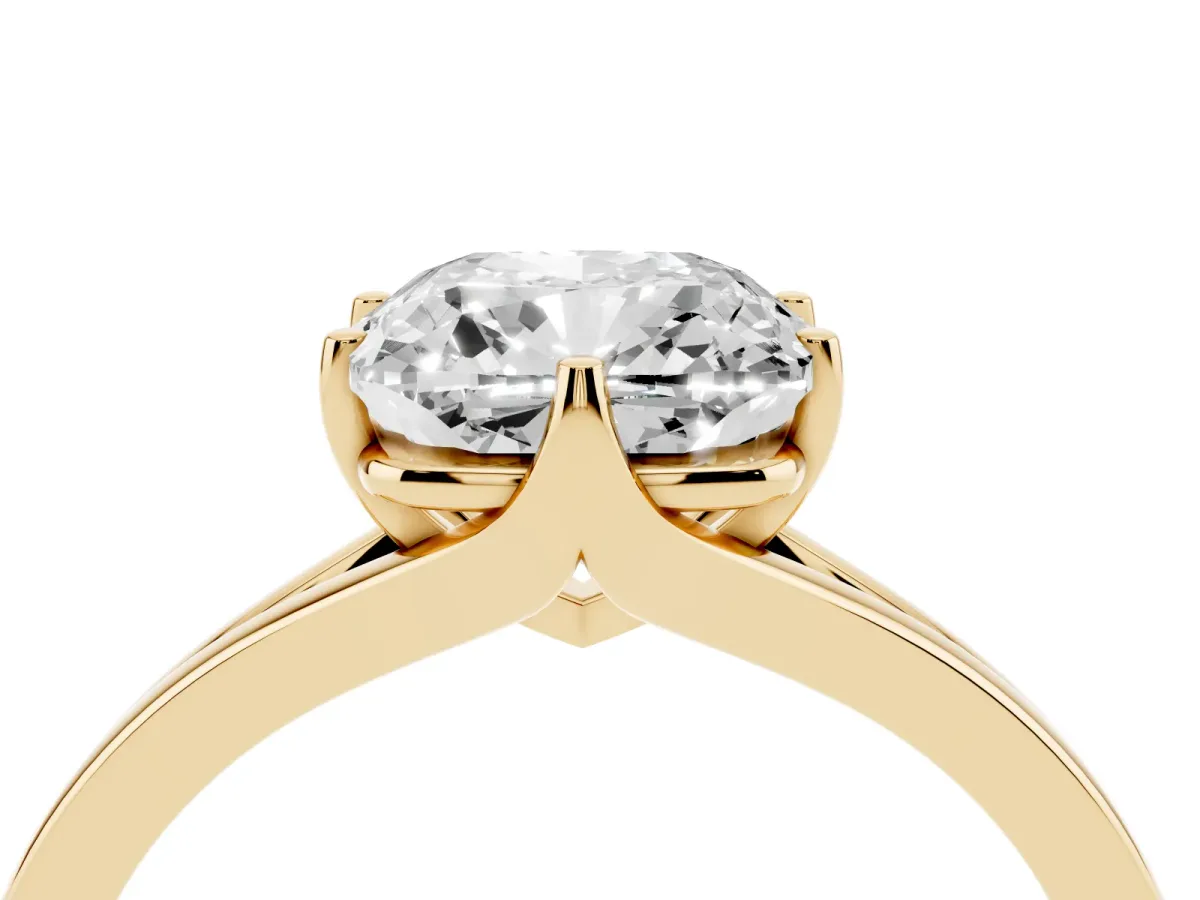 Cushion Cut Solitaire Diamond Ring with Six-Prong Setting and Tapered Band Yellow gold