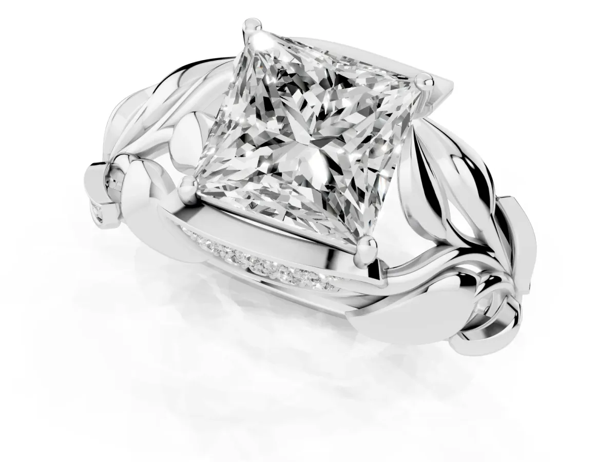 Princess Cut Diamond Leaf-Inspired Engagement Ring with Round Accents and Prong Setting Silver