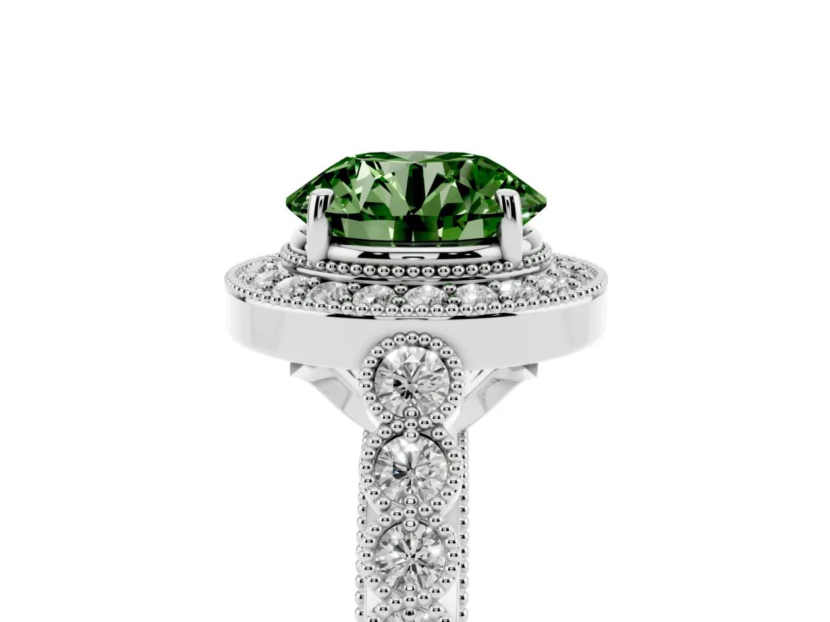 Fancy Green Round Cut Halo Milgrain Solitaire with Bezel Set Side Stones and Pave Band Platinum