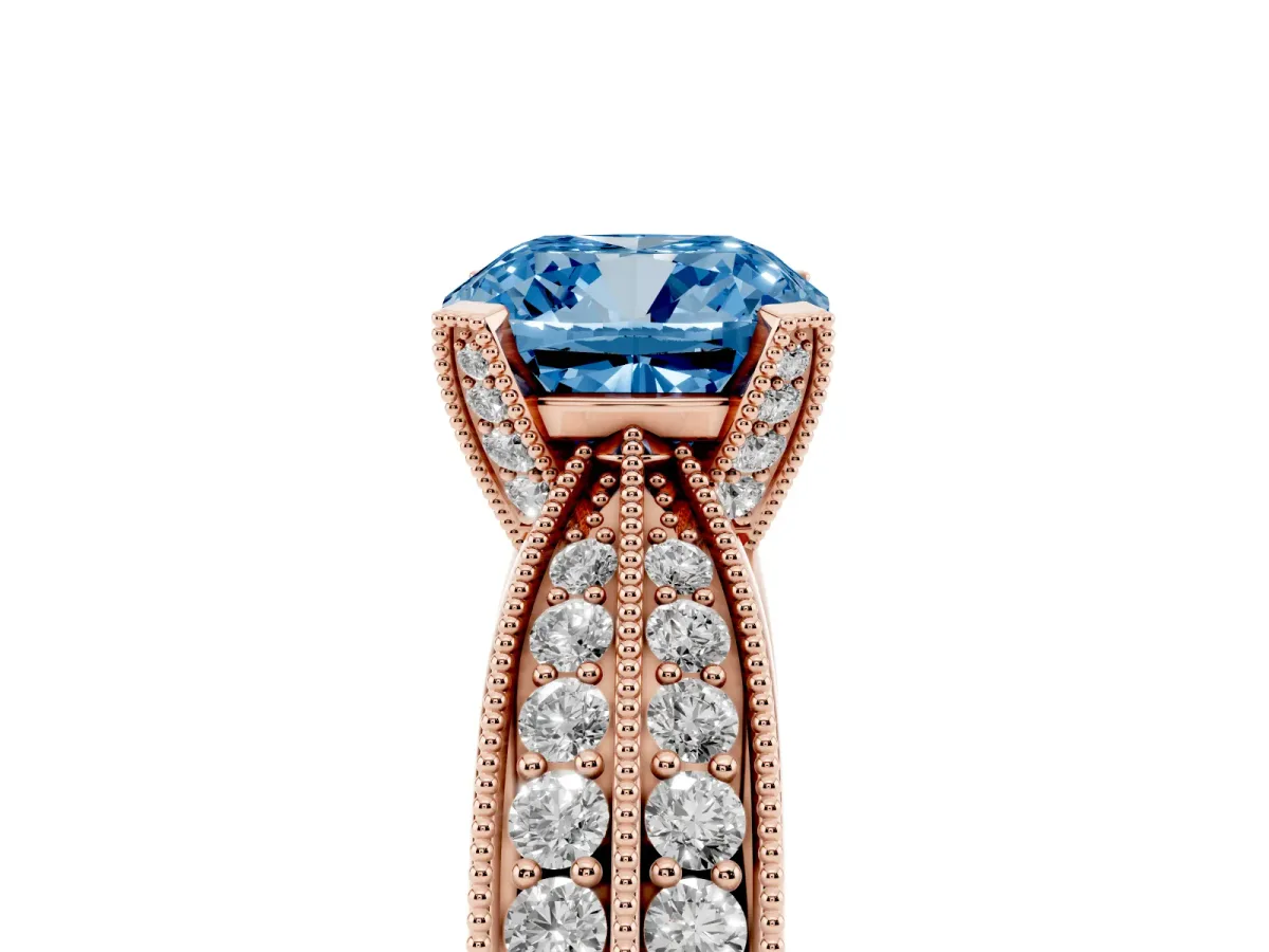 Fancy Blue Cushion Cut Diamond Solitaire Ring with Milgrain Round Pavé Band and Prong Setting Rose gold