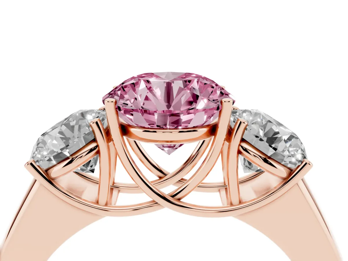 Fancy Pink Three-Stone Round Cut Cut Diamond Ring with Prong Setting and Classic Band Rose gold